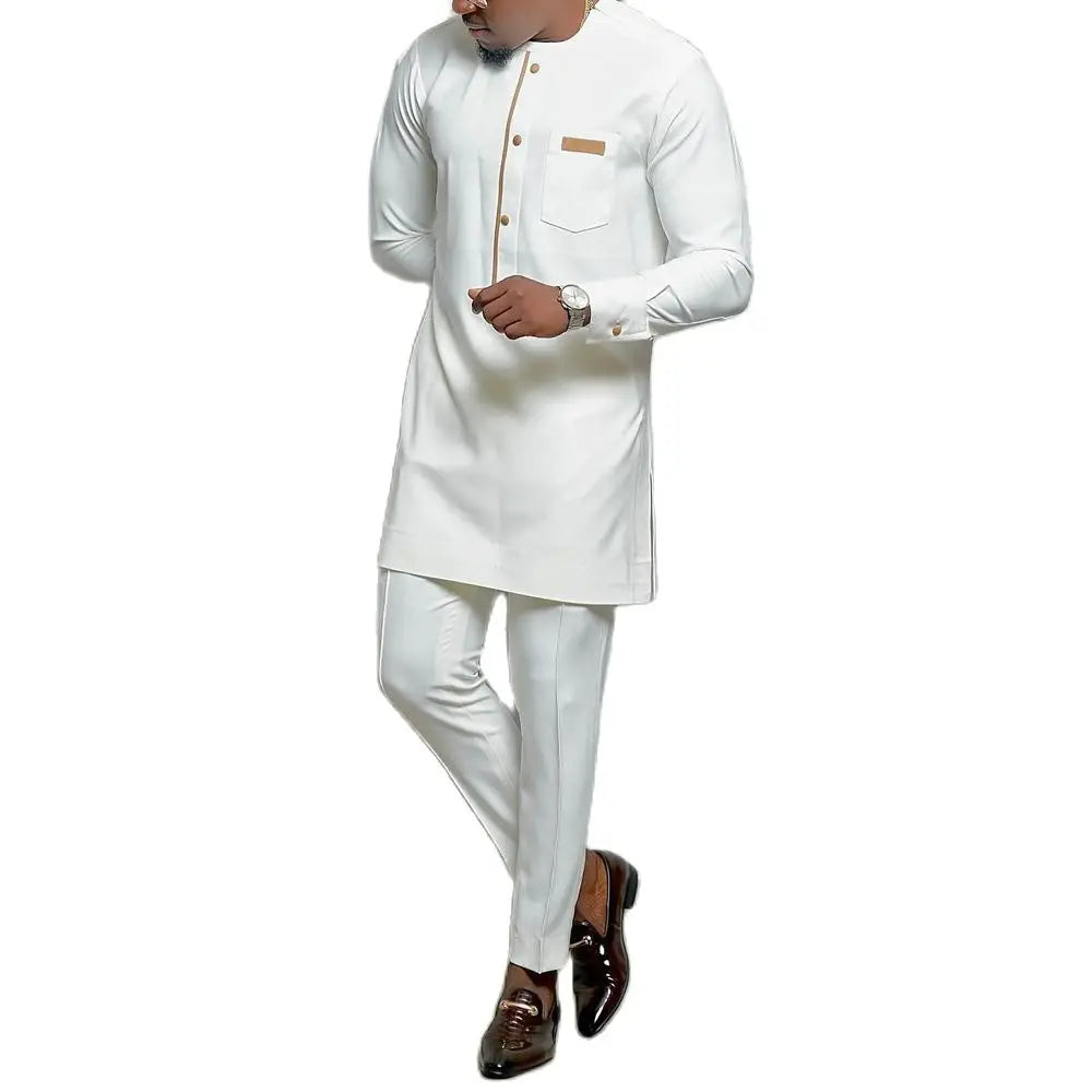 M-4Xl New Set Man 2 Pieces Wedding Prom Dashiki Men Outfit Dashiki Printed Long Sleeve Shirt White Trouser Suits for Men Set 