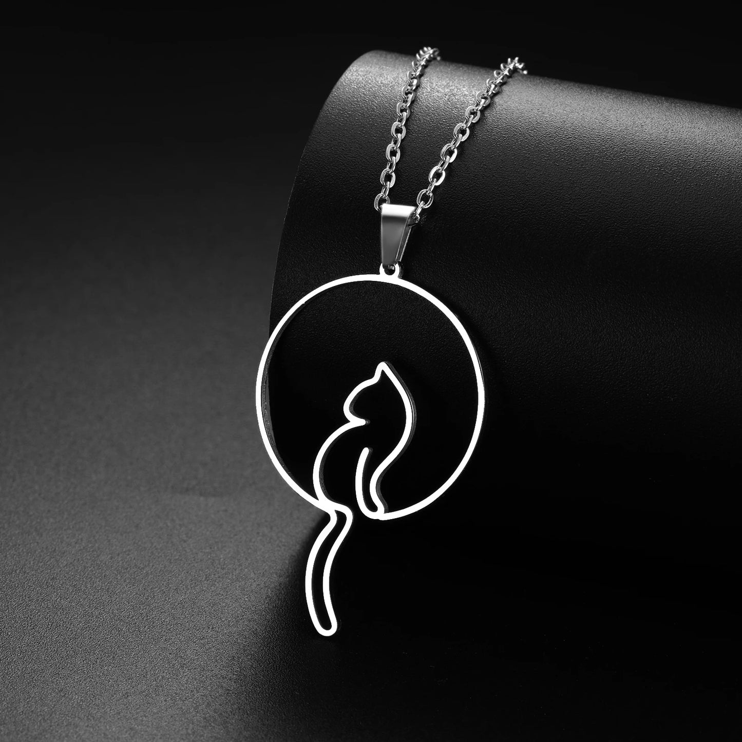 Hollow Ring Cat Pendant Stainless Steel Necklace Fashion Jewelry Necklaces for Woman Men