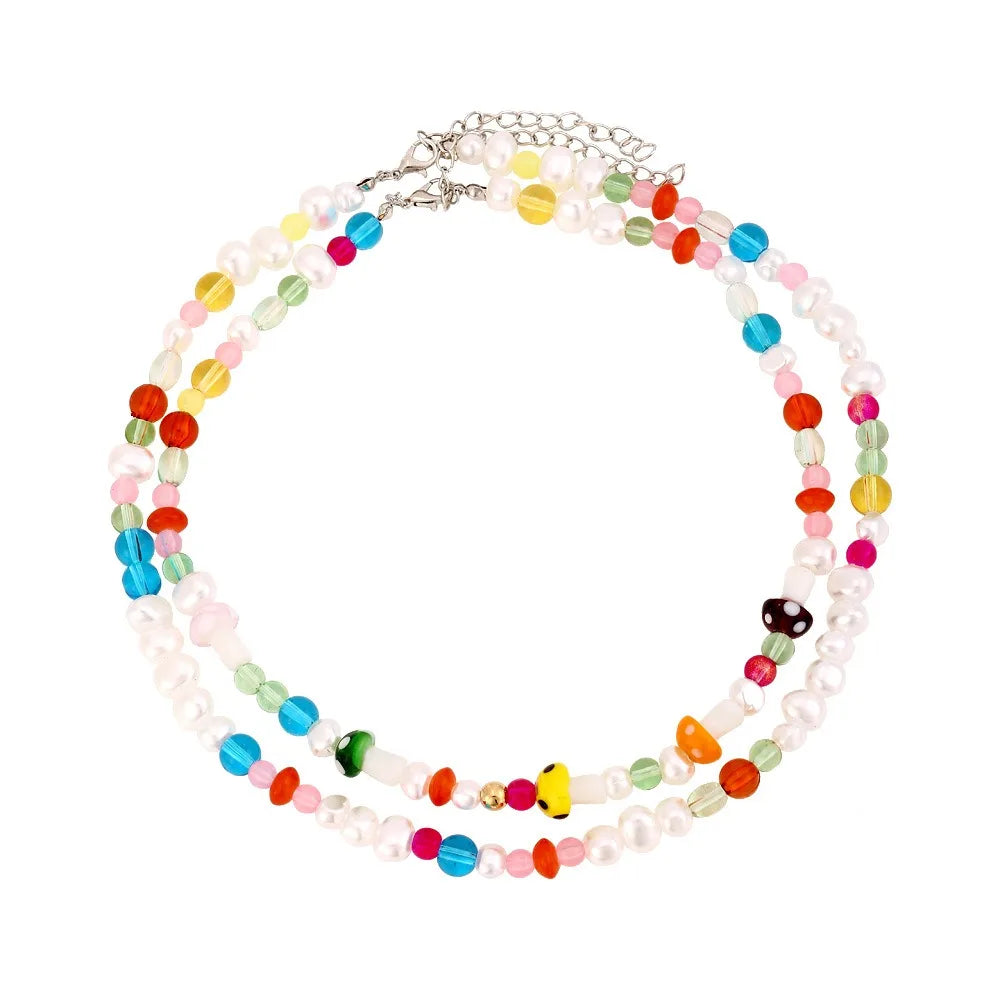 Colorful Glass Crystal Mushroom Necklace Multi-layer Wear Hand Beaded Clavicle Chain Vacation Style Daily Wear Simple Necklac