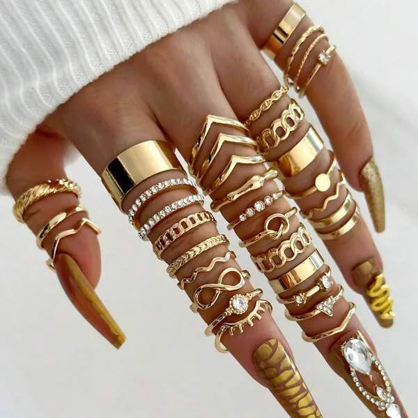 30pcs/set New Trendy Geometric Gold Plated Tennis Diamond Crystal Knuckle Finger Ring Set for Women Fashion Jewelry Gift