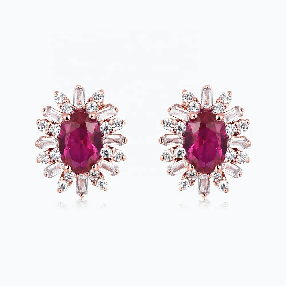 Elegant Oval Ruby Synthetic Corundum Earrings 925 Silver Synthetic Zircon Halo Women Earrings