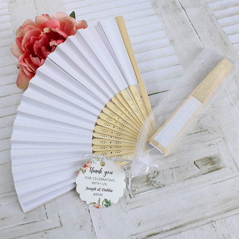 Cheap White Bamboo Hand Fan for Wedding Souvenirs Personalized with Carved Names Elegant Gift for Guests