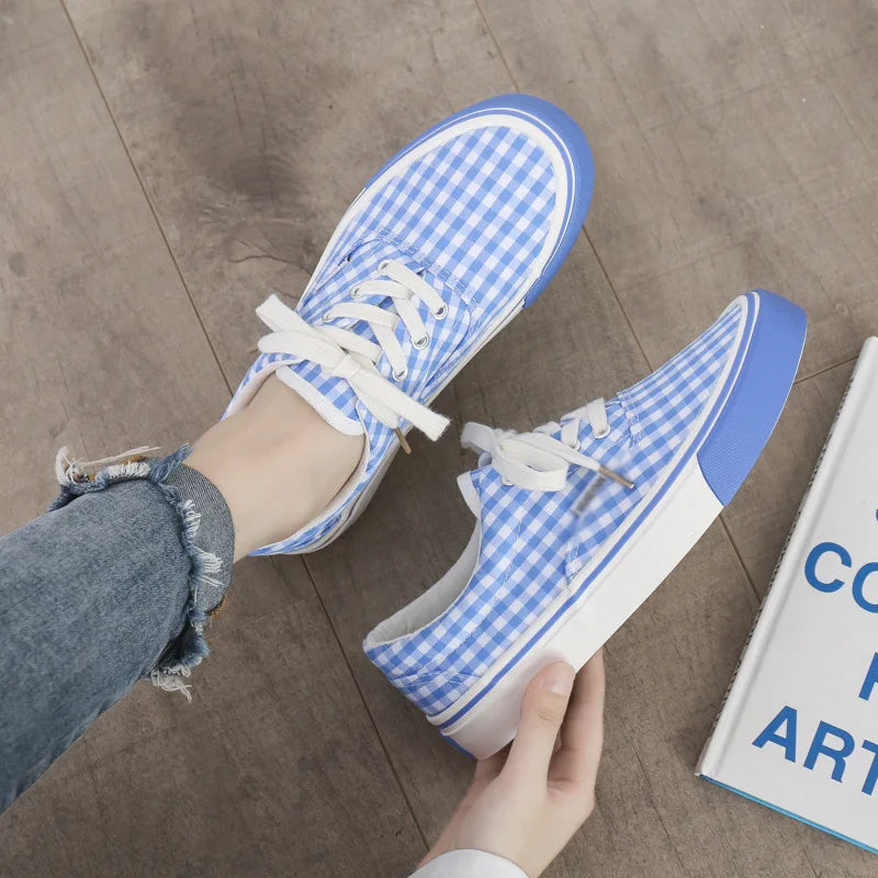 2024 ODM Daily Plaid Women Platform Spring Summer Shoes Wholesale Rubber Breathable Cotton Sneakers Flat Laced Canvas