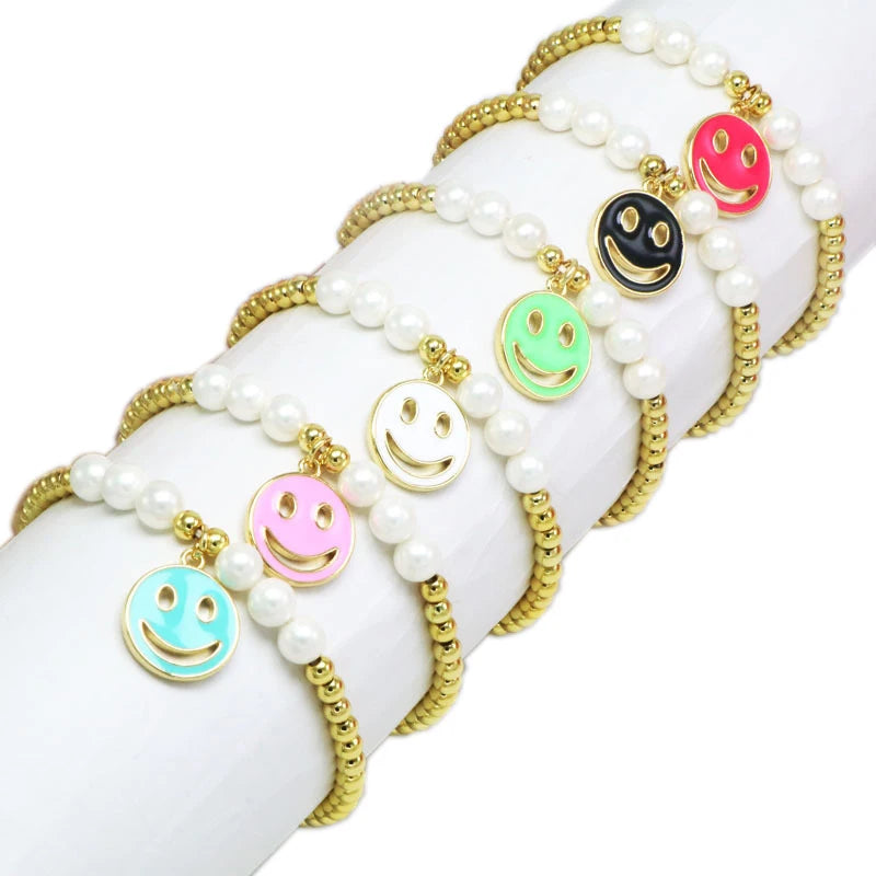 Bohemian Stainless Steel 18k gold Plated Copper Bangle Cute Smile Face Charm Beads Bracelet For Women Girly Daily Jewelry Gif