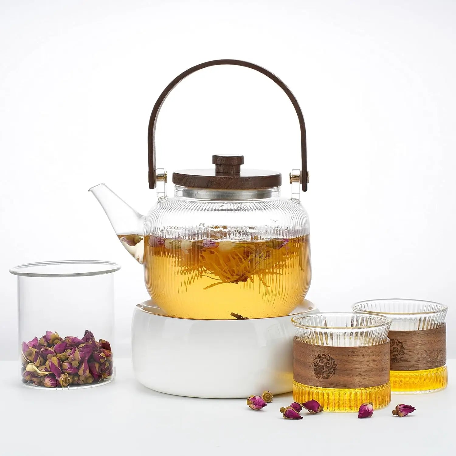 Glass Tea Cup Set Borosilicate Glass Tea Pot Glass Teapot Set with Bamboo Handle