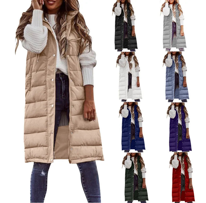 S-5XL New Arrival Fashion Casual  Solid Color Turn-down Collar Sleeveless Cardigan Hooded Long Coat Female  Clothing