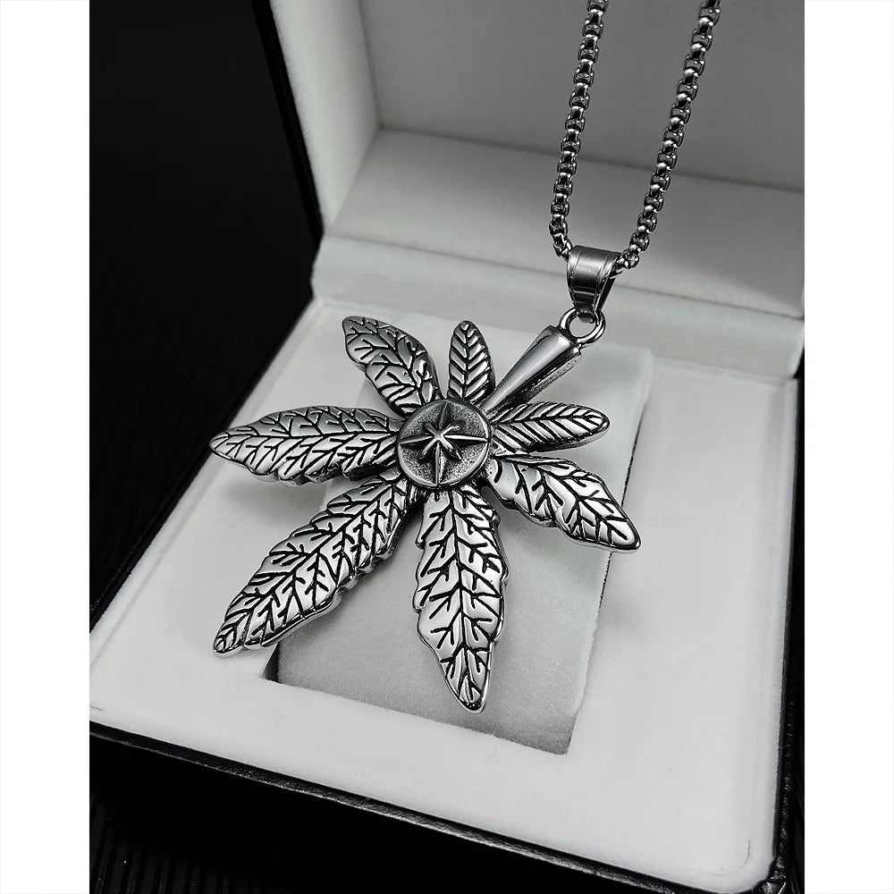 Hot Sale Retro Antioxidant Stainless Steel Maple Leaf Pendant Necklace Hemp Leaf Mens Charm Necklace Unisex Gift Jewelry