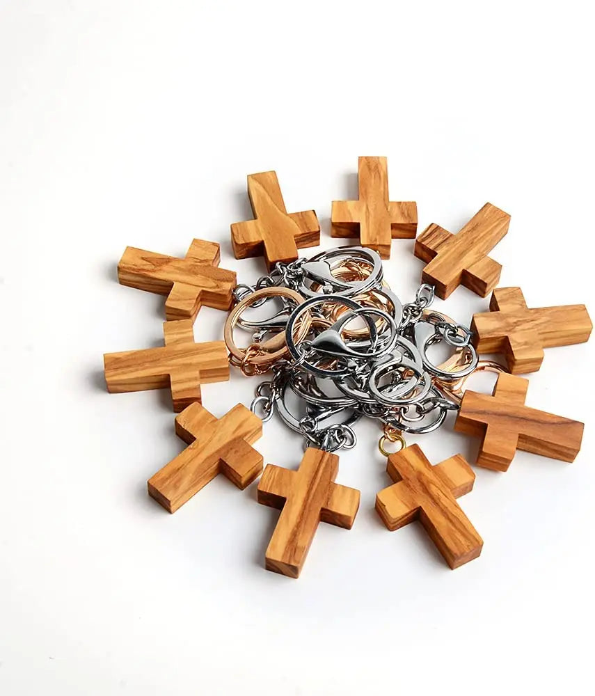 Olive Wood Cross Keyring Faith Hope and Charity Wooden Cross Keychains for School Arts and Crafts or Church Carnival Fundrais
