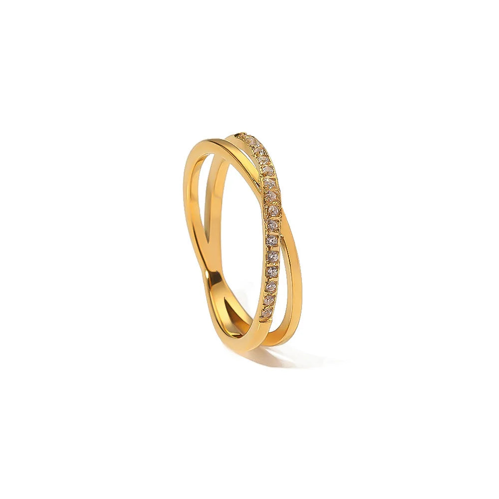 Creative Stainless Steel 18K Gold Plated X Shape Double Layers Cross Band Zirconia Women Ring Waterproof Jewelry