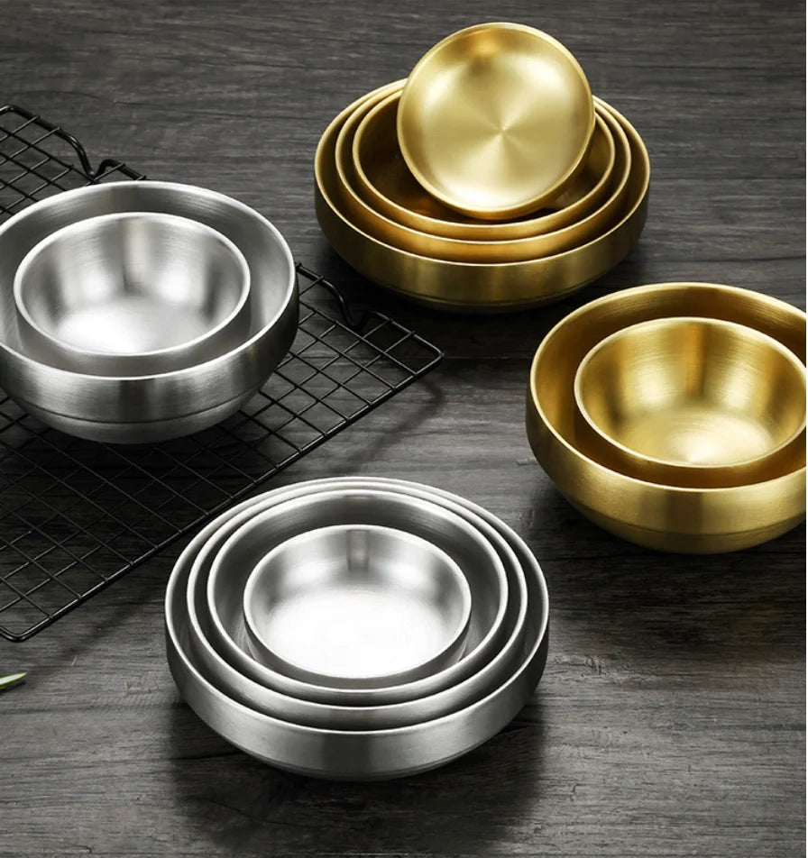 304 Stainless Steel Double-layer Dishe Plate Restaurant Barbecue Dipping Sauce Plate Korean Kimchi Bowl Metal Round Plate/Bow