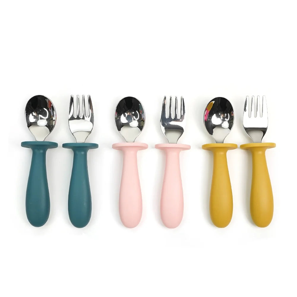 Toddler Utensils Stainless Steel Spoon and Fork for Kids Baby Feeding Silicone Flatware Set Children's Training Cutlery