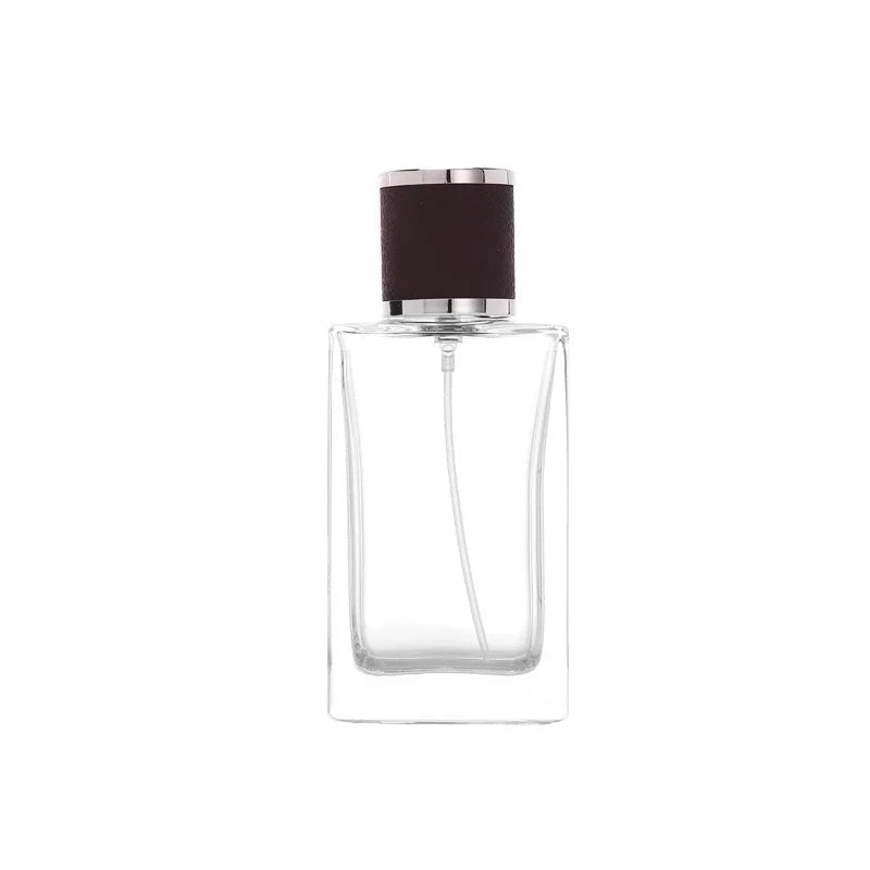 Custom Logo 50ml Recyclable Square Shape Glass Perfume Bottle with Pump Sprayer and Black Cap Customized Box