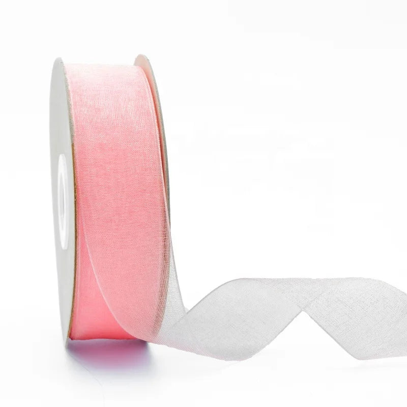 Rose Pink Sheer Organza Ribbon Roll 25mm Luster Tulle Double Face 100% Polyester Voile for Wedding Invitation Decoration