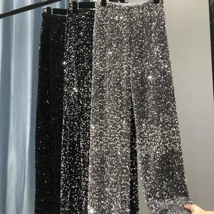 Wholesale 2026 Autumn and Winter Thickened Korean Velvet Sequins Wide Leg Pants With a Long Shiny Straight Leg Pants