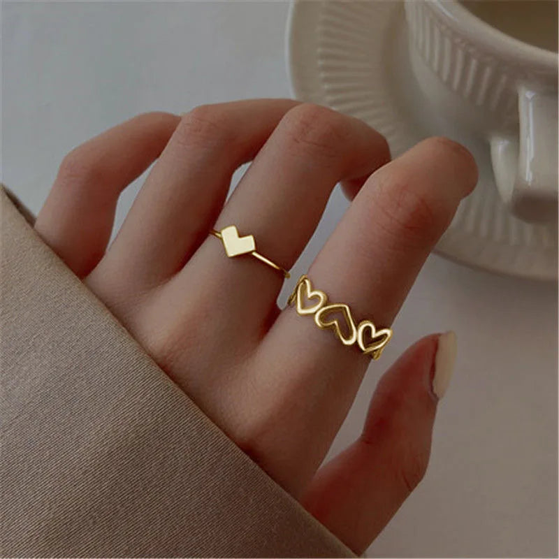 2025 New Trendy Fashionable Hollow Design Finger Jewelry Ring Set Adjustable Rings Ladies Love Heart Rings