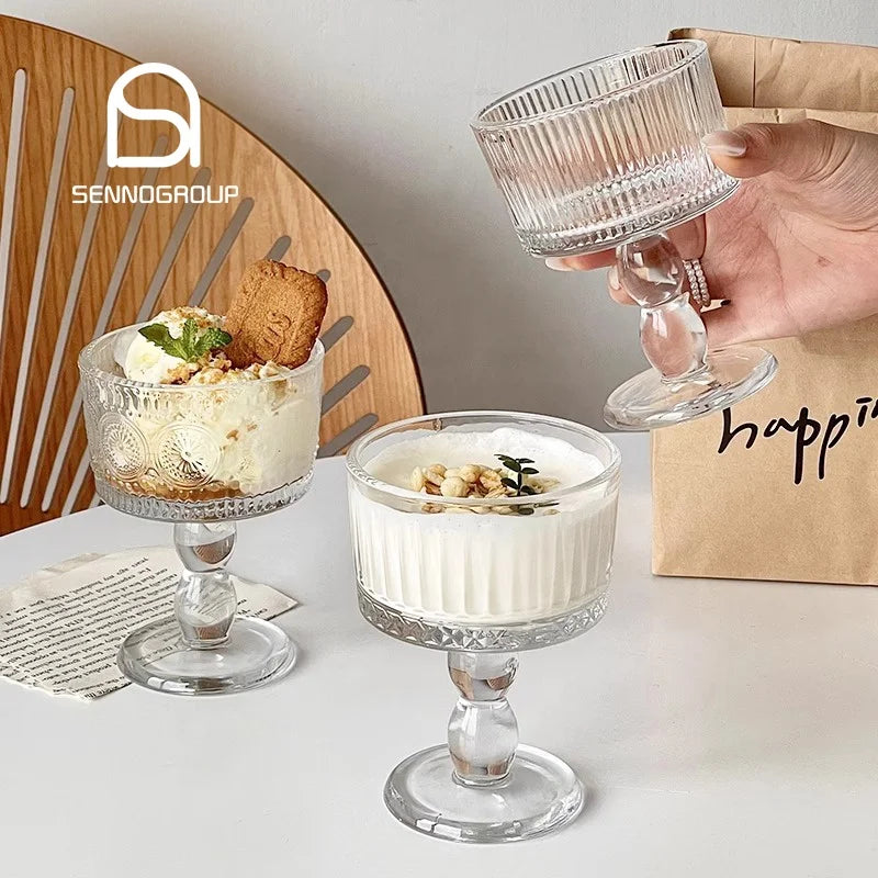 Wholesale Clear Embossed Glass Cups Vintage Iced Coffee Mugs Oats Containers Creative Ice Cream Cup Dessert Goblets