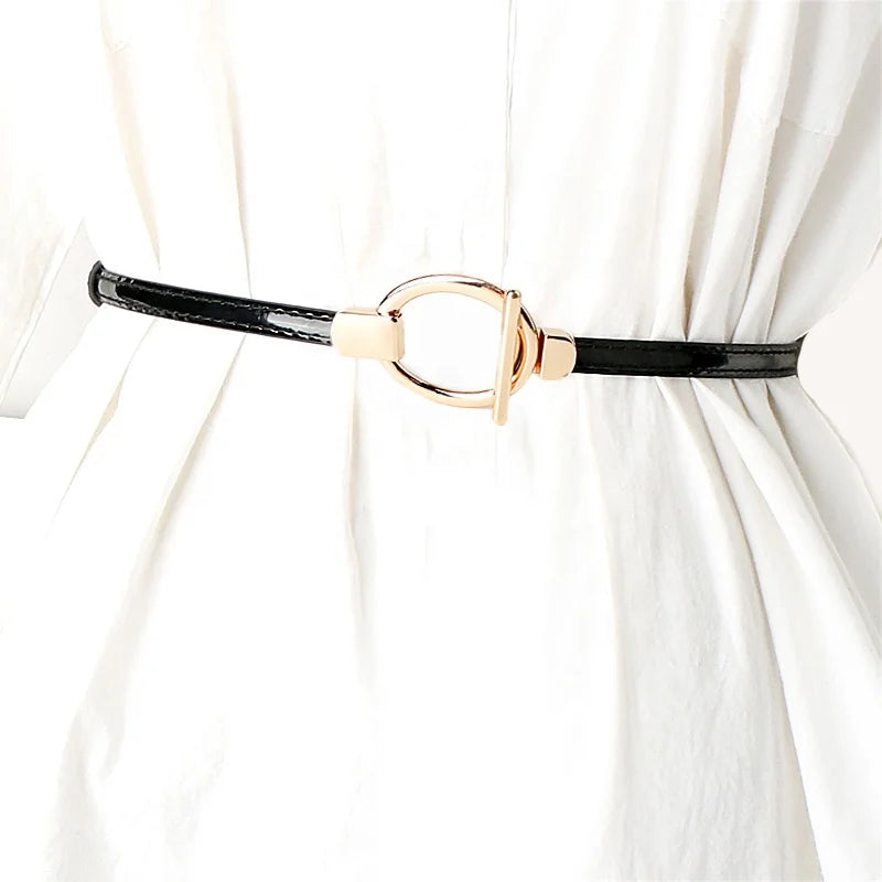 Women's Versatile Thin PU Leather Waist Belt Small Adjustable Dress Belt with Alloy Buckle Fashion Accessory