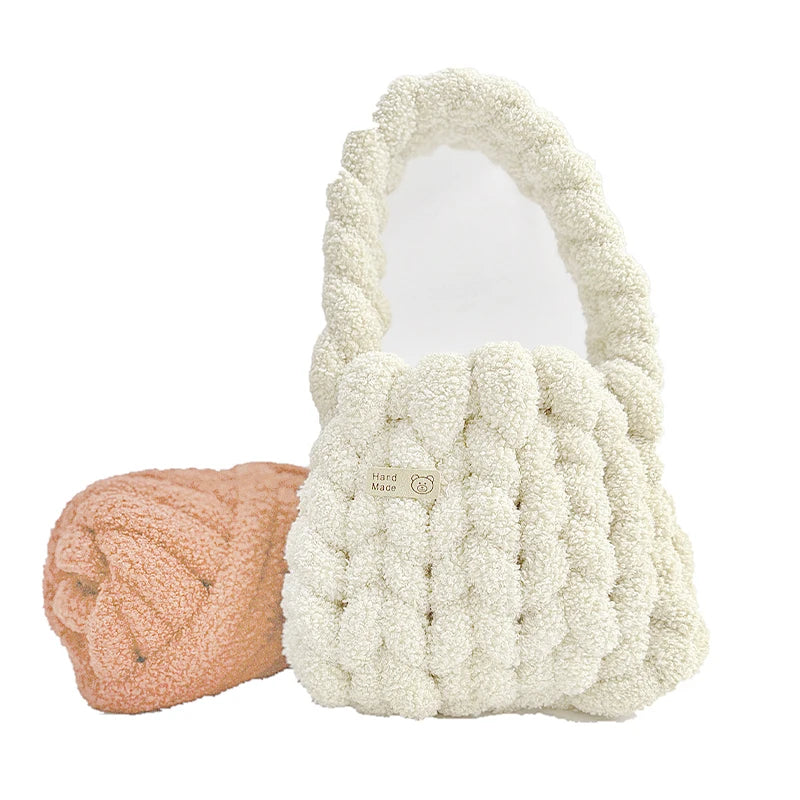 New Hand Knitted Faux Lamb Yarn DIY Bag Solid Color Giant Tube Core Spun Yarn Bucket Pattern With Open Closure Leather Lining