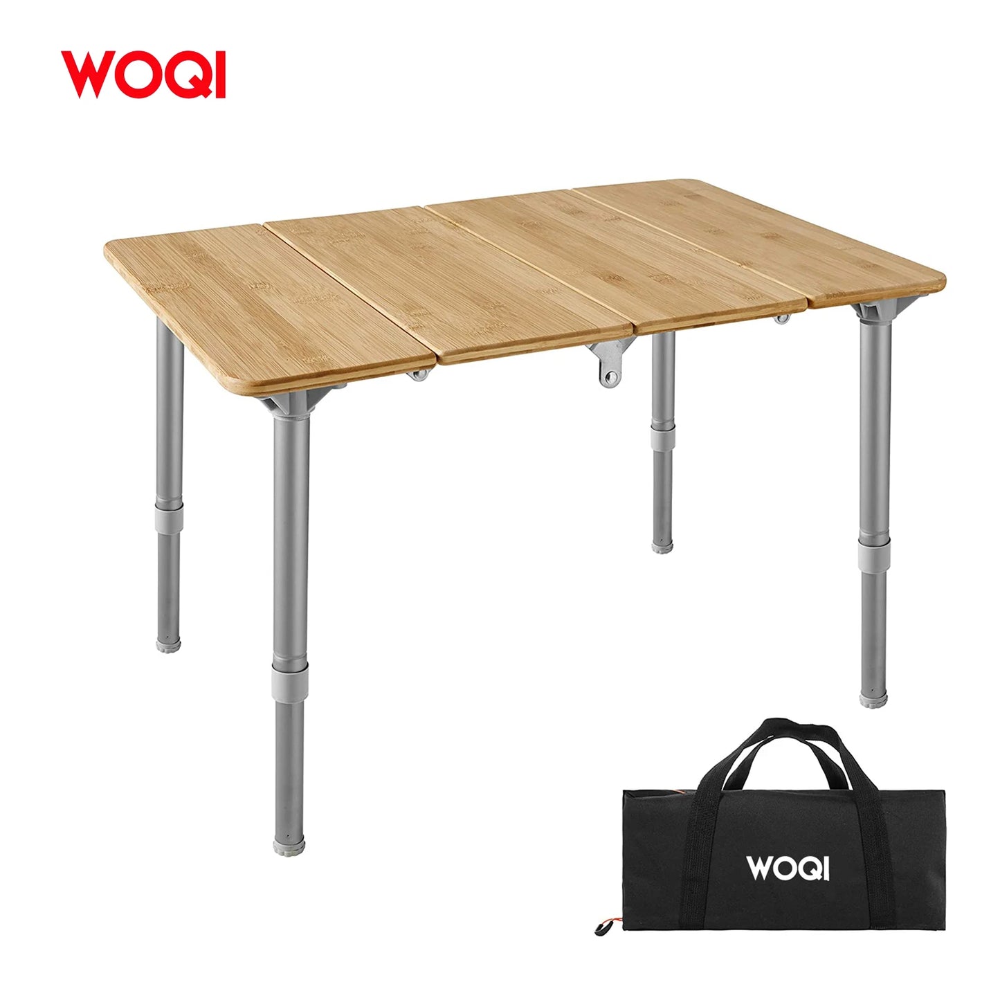 WOQI Outdoor Garden Party Adjustable Height Folded Table Bamboo Top Picnic Folding Camping Bbq Grill Table