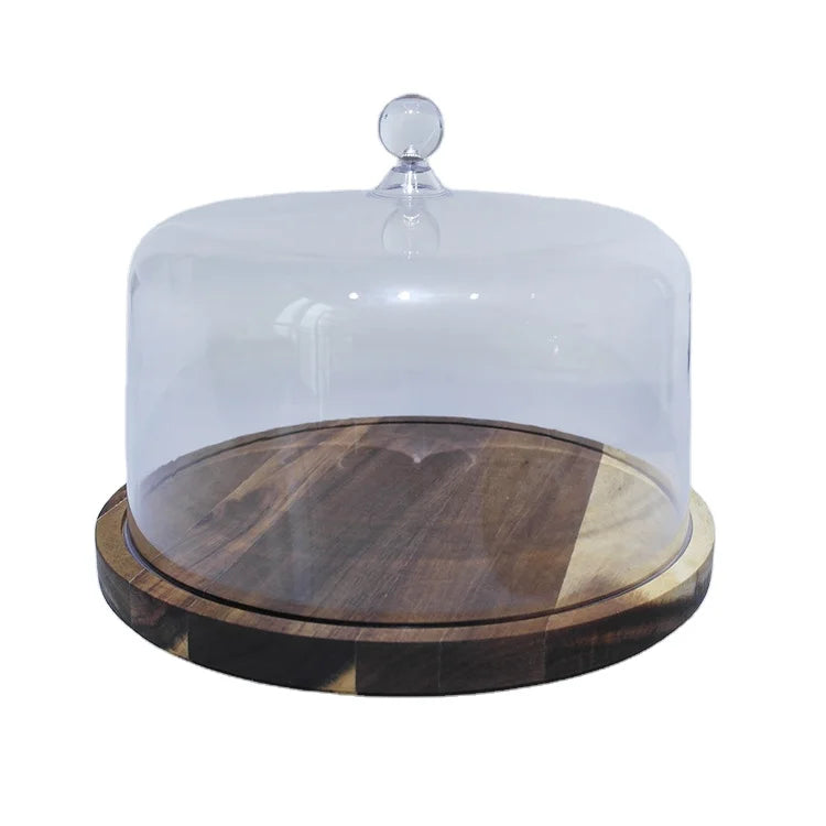 Acacia Large Cake Platter With Clear Acrylic Dome Cover Multifunctional Cake Stand Holder for Serving and Displaying Cakes