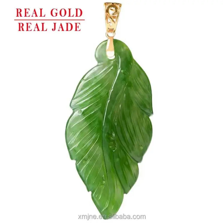 Certified Grade a Spinach Green Hotan Jade Green Jade Leaf 18K Gold Natural Jade Pendant Necklace for Men and Women
