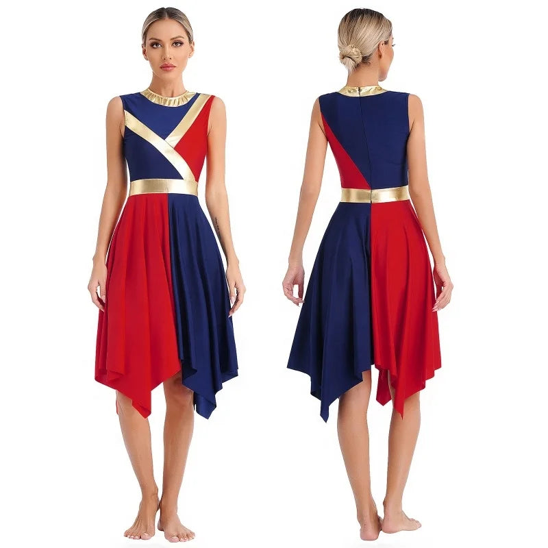 Custom Womens Metallic Color Block Patchwork Liturgical Dance Dress Sleeveless Christian Dance Clothes