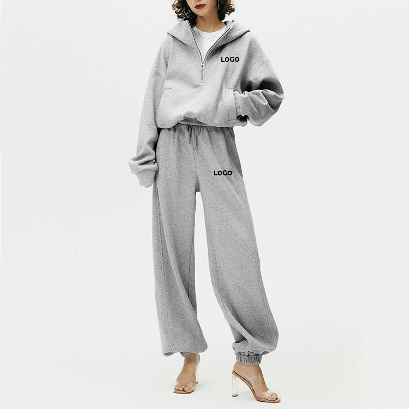 Custom Women's Sets Two Piece Outfits Clothing Set Oversize Loose 1/4 Zip up Hoodie   Sweatpants Jogger Tracksuit Set Sweatsu