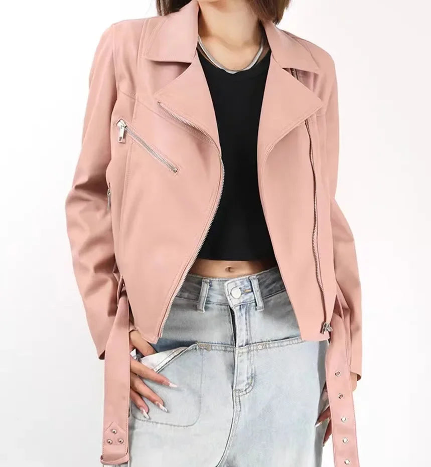 Leather Women's Short Jacket 2024 Spring Autumn Motorcycle Leather Jacket Temperament Sweet Cool Style Women's Top