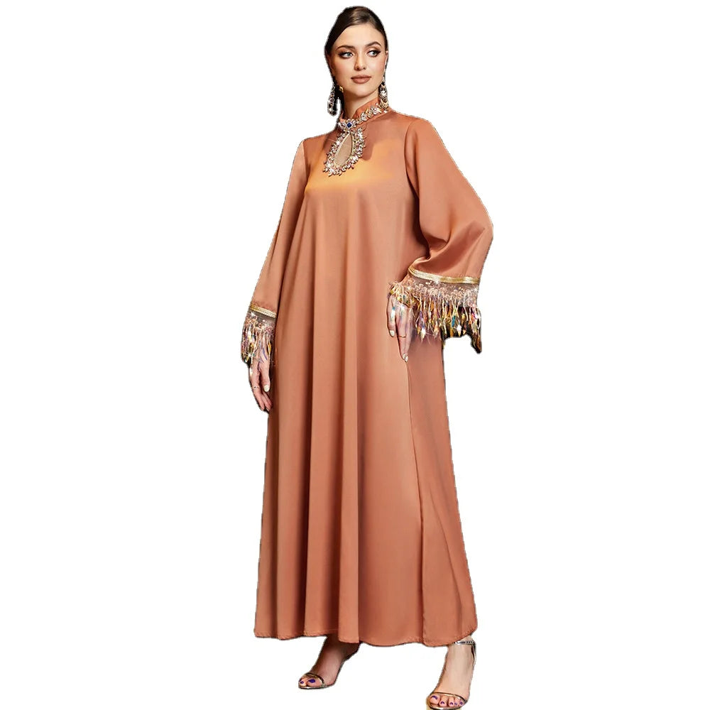 Plain Orange Red Color With Gradient Feather Tassel Cuff Crystal Diamond Decoration Neck Elegant Rhinestone Abaya