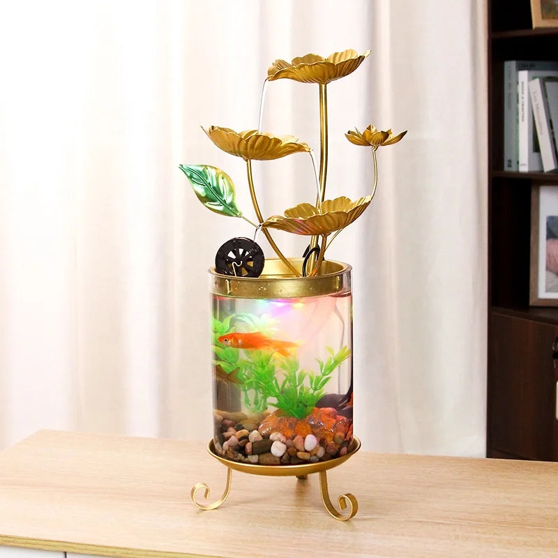 Zen Relax Gift Indoor Lotus Leaf Relaxation Golden Water Fountains With Fish Tank Tabletop Waterfall Fountain Decoration
