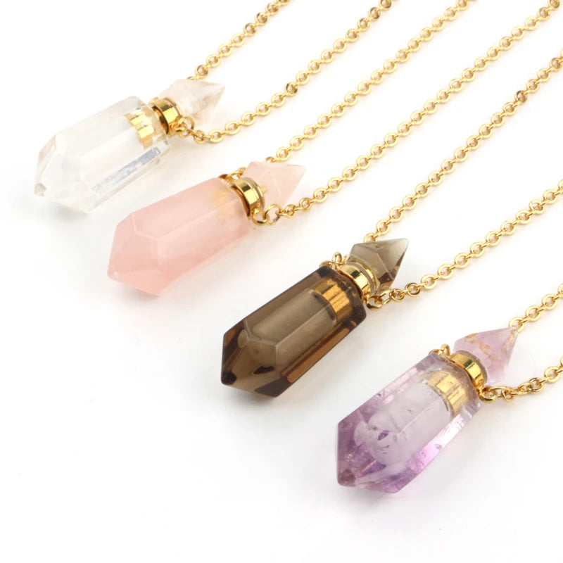 Natural  Amethyst  Essential Oil Bottles Rose Quartz Double Terminated Crystal Perfume Bottle Pendants