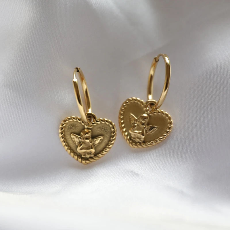 Fenny 18K PVD Plated Permanent Classic Heart Angel Huggie Earring for Women Wholesale Stainless Steel Ladies Jewelry