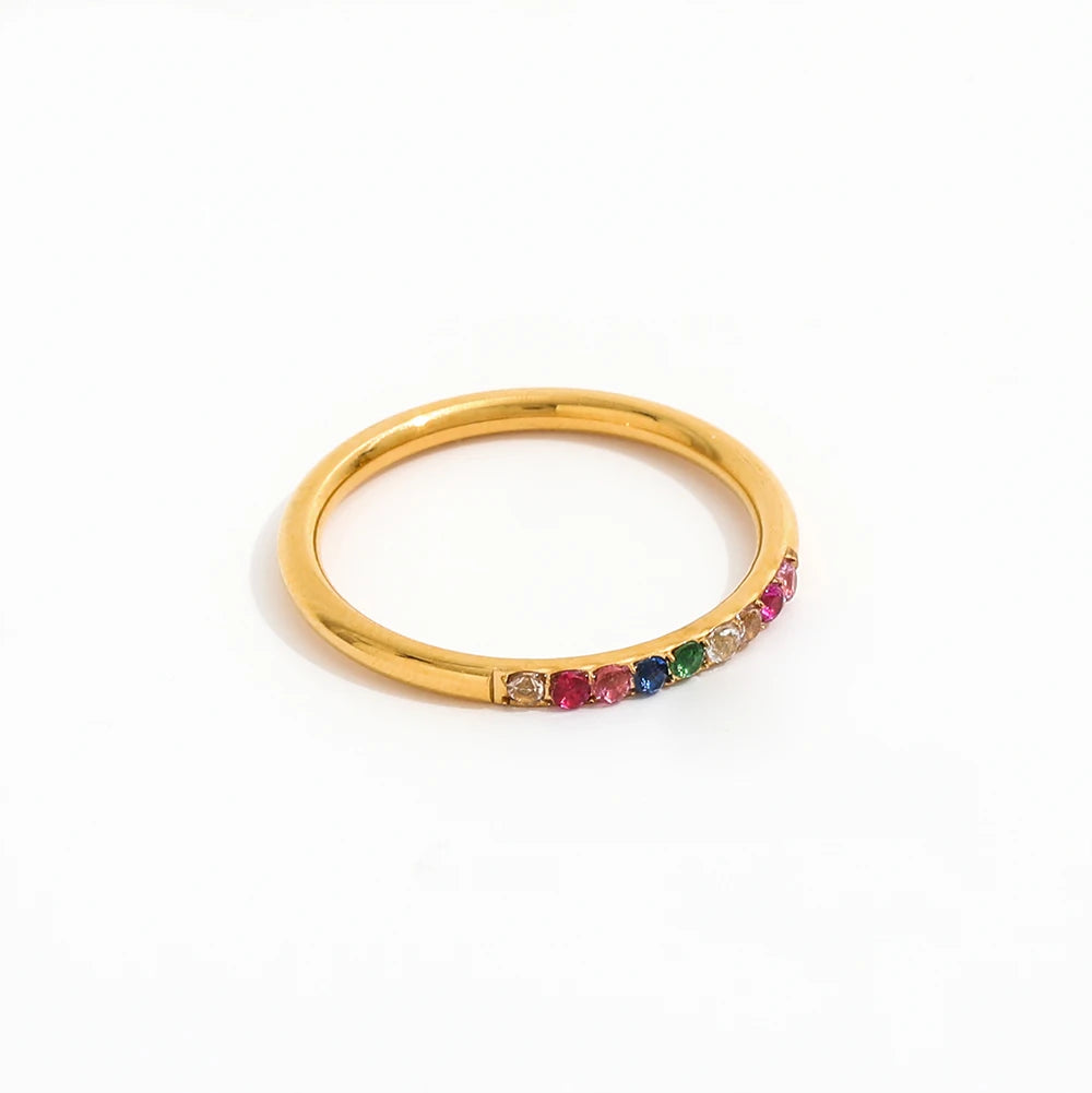 Fenny Stainless Steel No Fade Stylish Colorful Zirconia Half Paved Ring Permanent for Women 18K Gold Plated Wholesale Jewelry