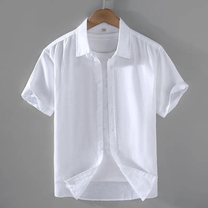 RNSHANGER Cotton Linen Hot Sale Men's Short-Sleeved Shirts Summer Streetwear Plain Color Stand Collar Casual Beach Style Shir