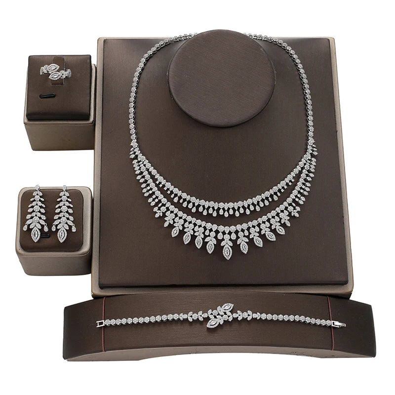 Luxury Big Statement Heavy Cubic Zircon Women's Long Tassel Wedding Necklace and Earrings Pageant Jewelry Set for Brides CN26