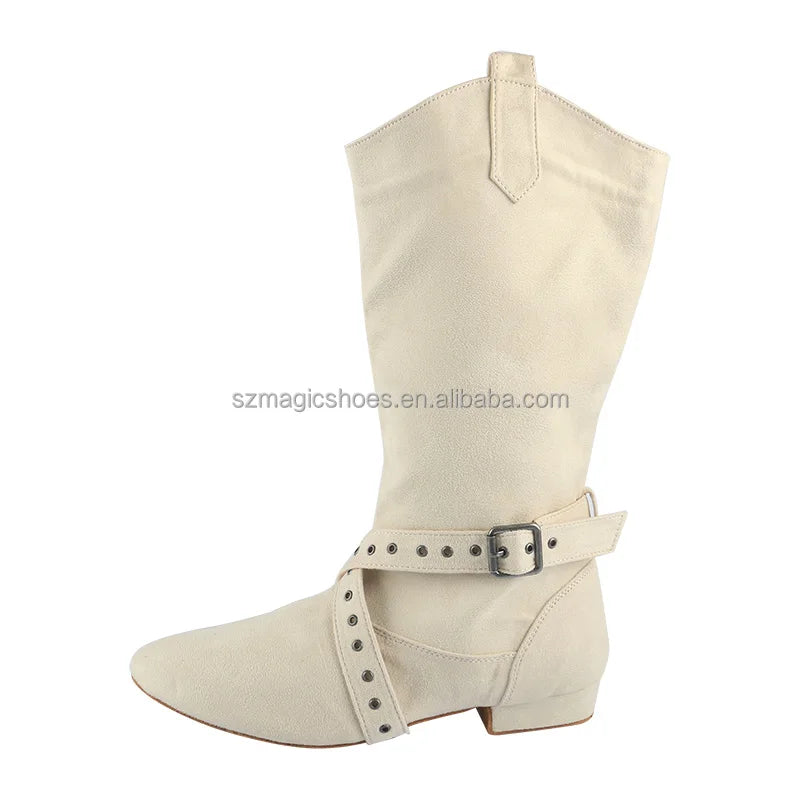 Customized Heel 28 Colors Suede Dance Boots Ivory Faux Suede 2CM Heel Line Dance Boots for Women Mid-calf Boots for Dancing