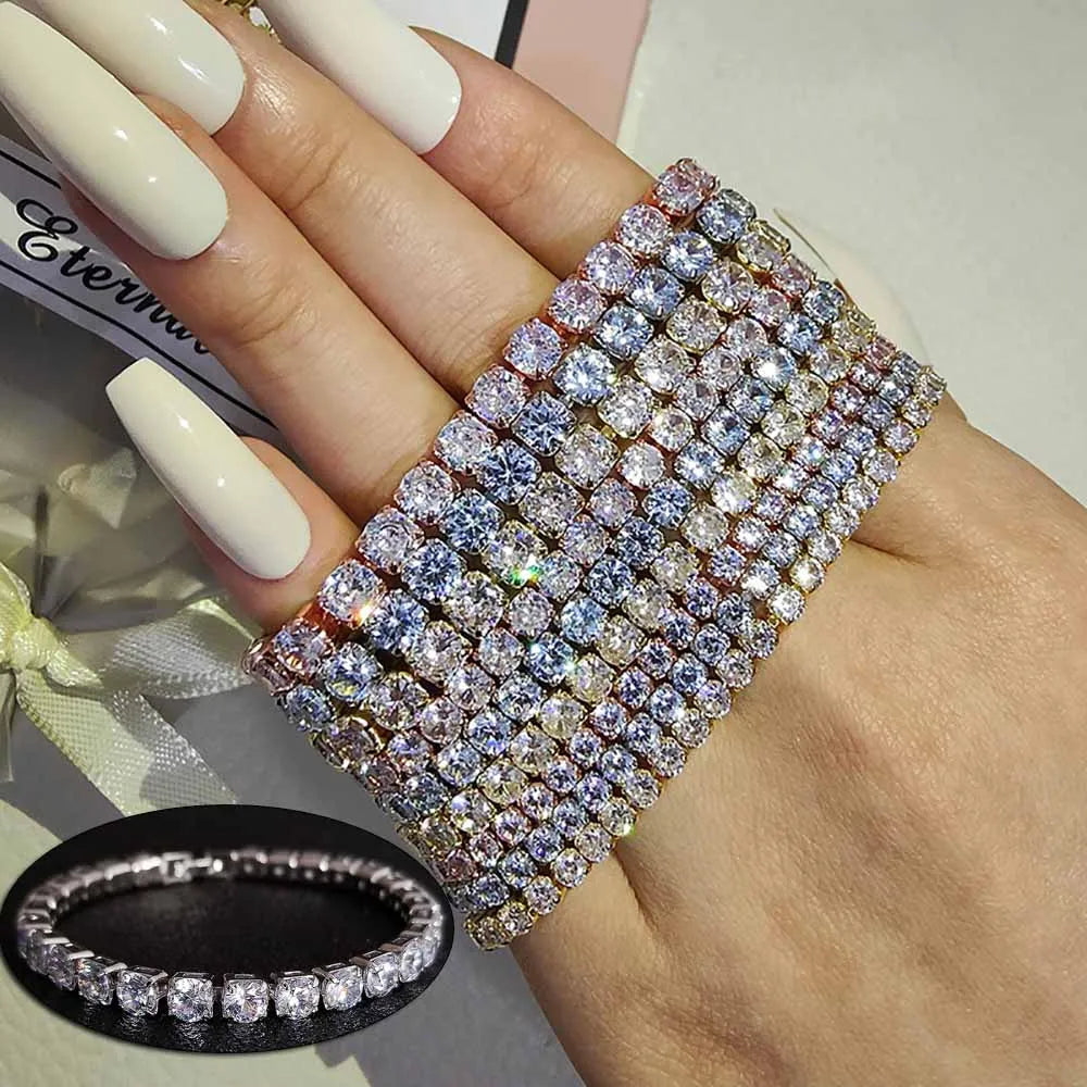 Women Real 18k Gold Silver Plated Bling CZ 3mm 4mm 5mm Round Cubic Zirconia Moissanite Tennis Bracelet Diamond Tennis Bracele