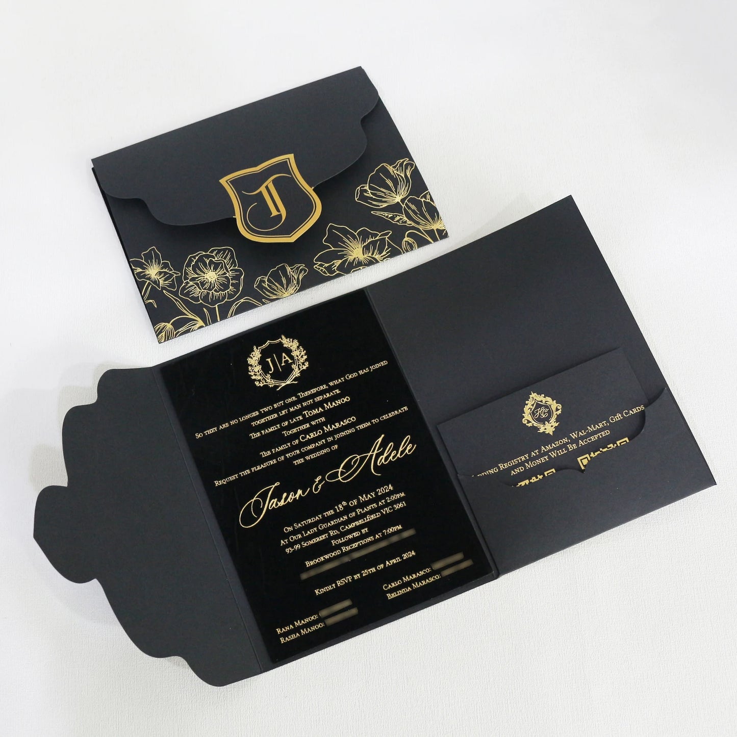 Gold Foil Velvet Wedding Cards Tri Fold Black Pocket Folding Invitation