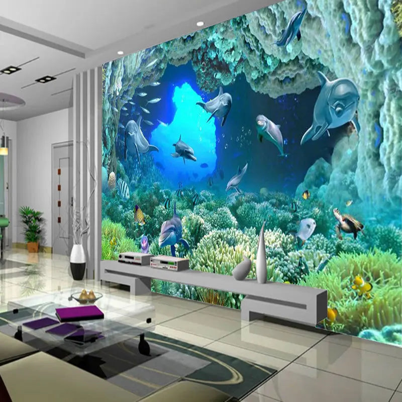 3D Mediterranean Ocean Wallpaper Children's Room Theme Room Restaurant 8D Ocean Mural Undersea Dolphin Coral Wallpaper Cloth