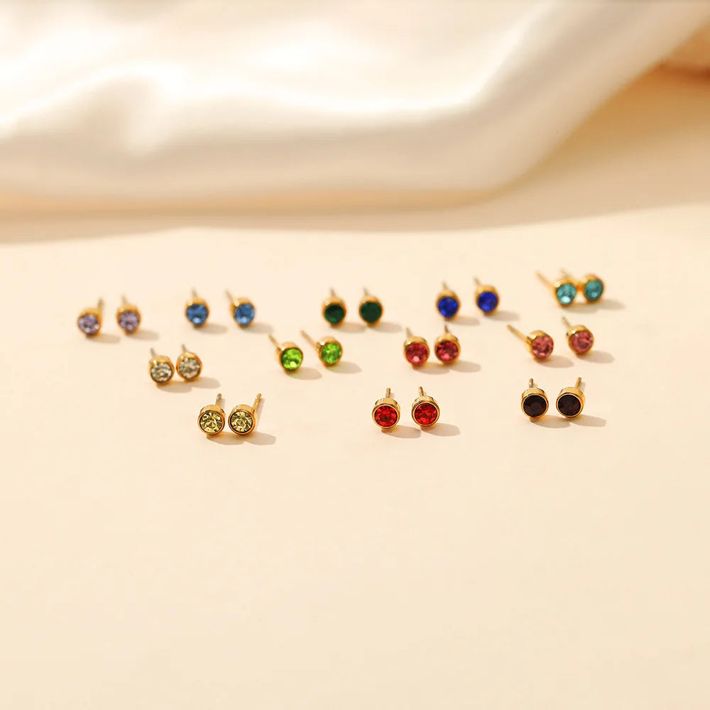Trendy Women Tarnish Free Jewelry Gold Plated Crystal 12 Month Stainless Steel Birthstone Stud Earring