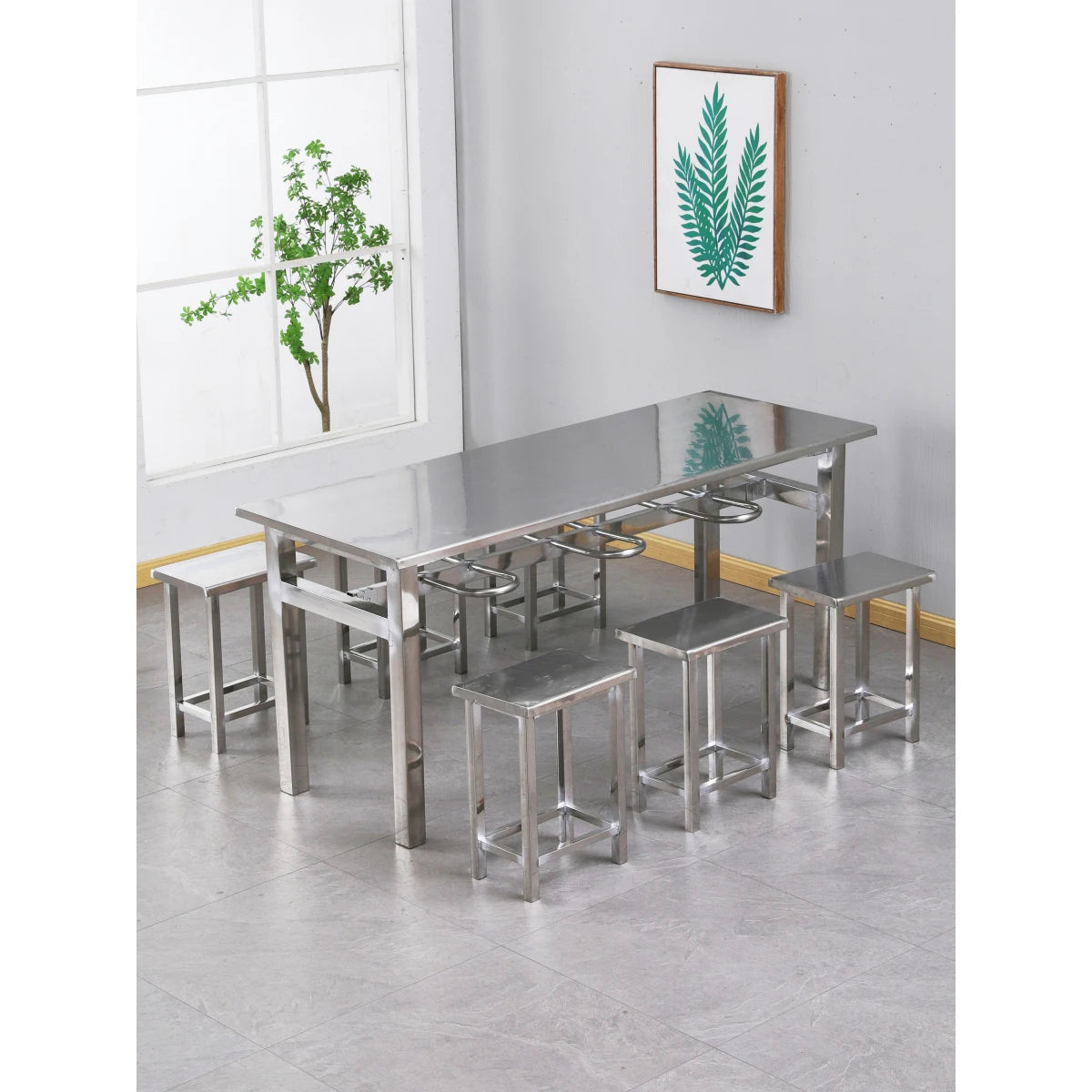 Modern 4-Seater and 6-Seater Stainless Steel Table Chair Set for University Canteen Fast Food Restaurant or Farmhouse Dining