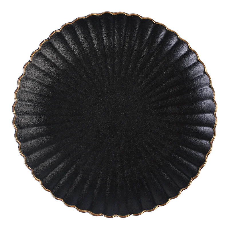 Japanese Ceramic Scrub Chrysanthemum Steak Noodle Plate Black with Gold Rim Tableware