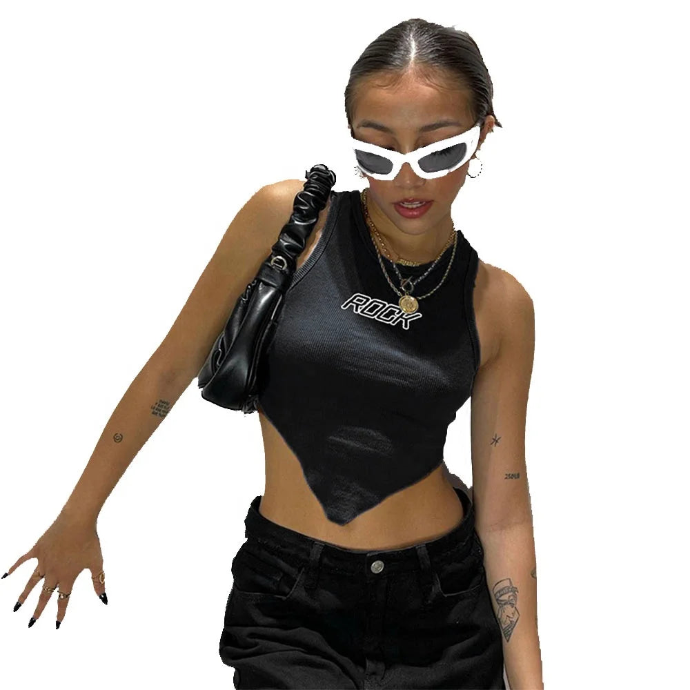 KY Women's Cropped Sleeveless V Washed Rib Jersey Fabric Tops New Design Raw Edge XS Crew Neck Club Daily Hip Hop Compressed