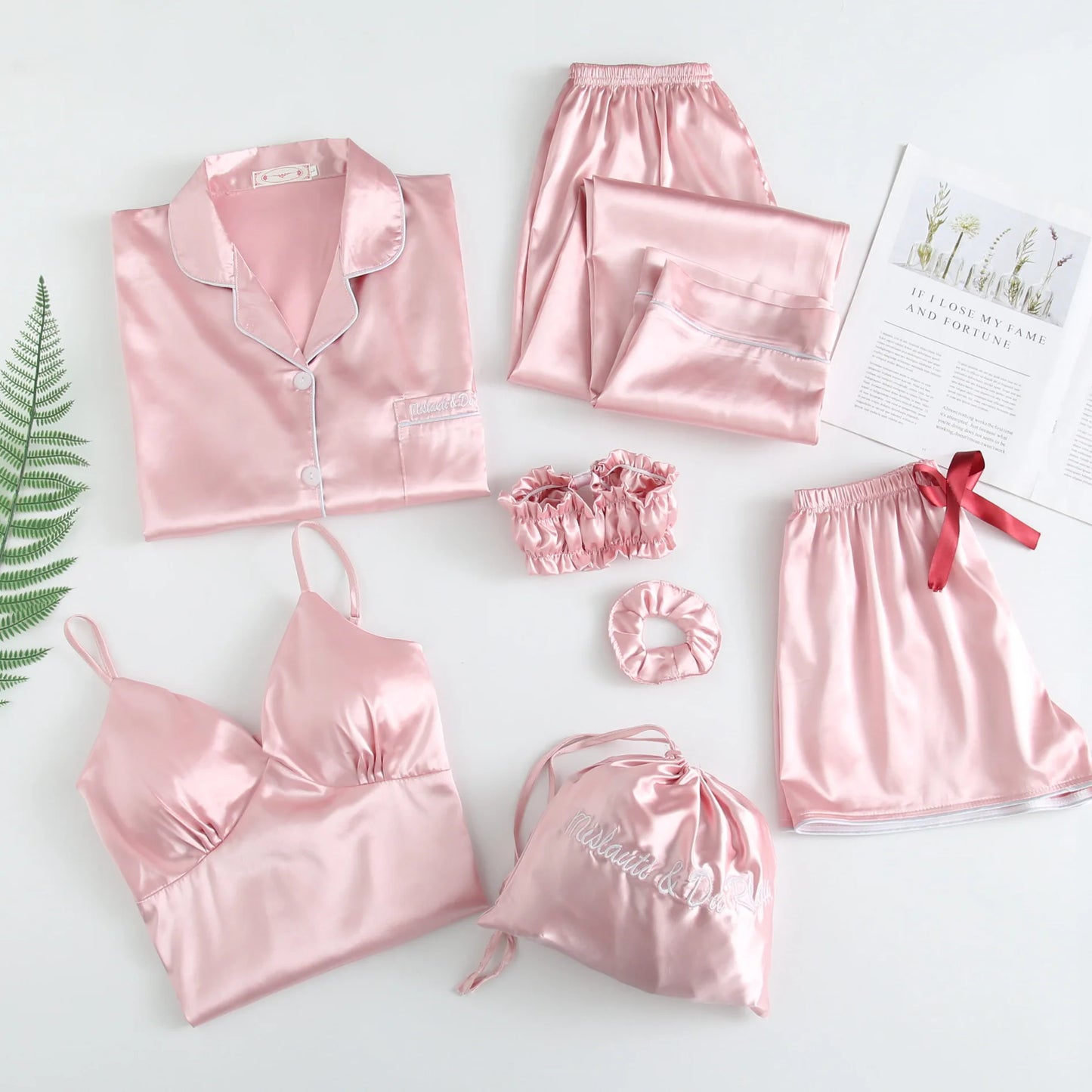 Wholesale Long Sleeve Silk 7 Piece Satin Sleepwear Pajamas Sets for Women
