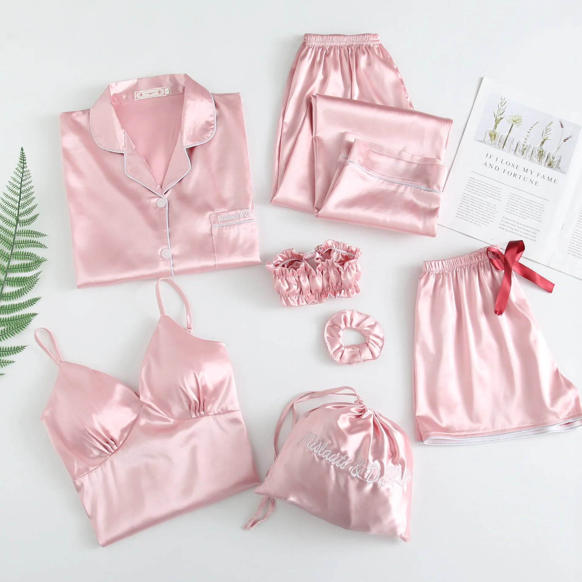 Wholesale Long Sleeve Silk 7 Piece Satin Sleepwear Pajamas Sets for Women