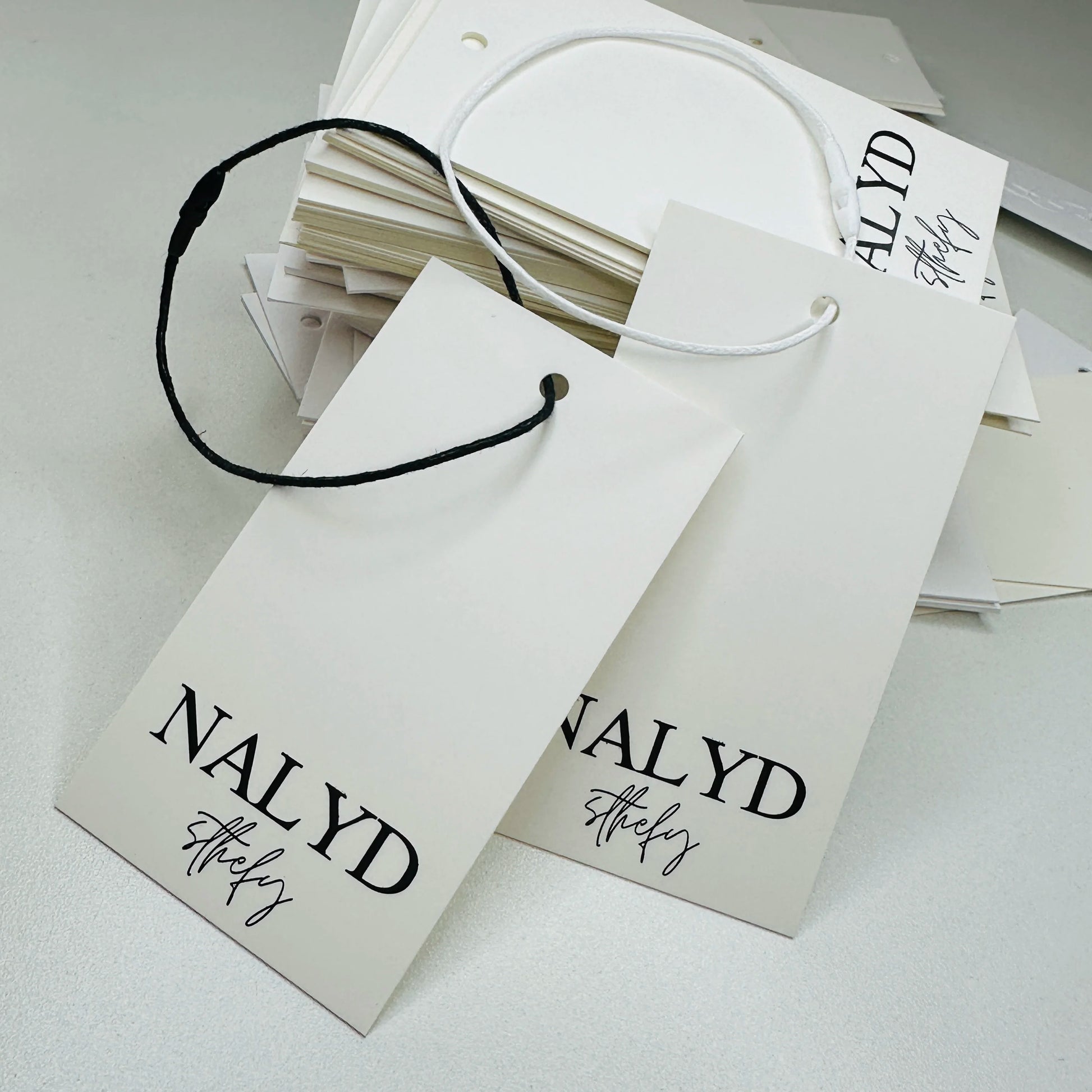 Custom Luxury Eco-Friendly Paper Hangtags for Garment Bags & Shoes-Silk Screen Printed Name & Logo Custom Sizes & Shapes