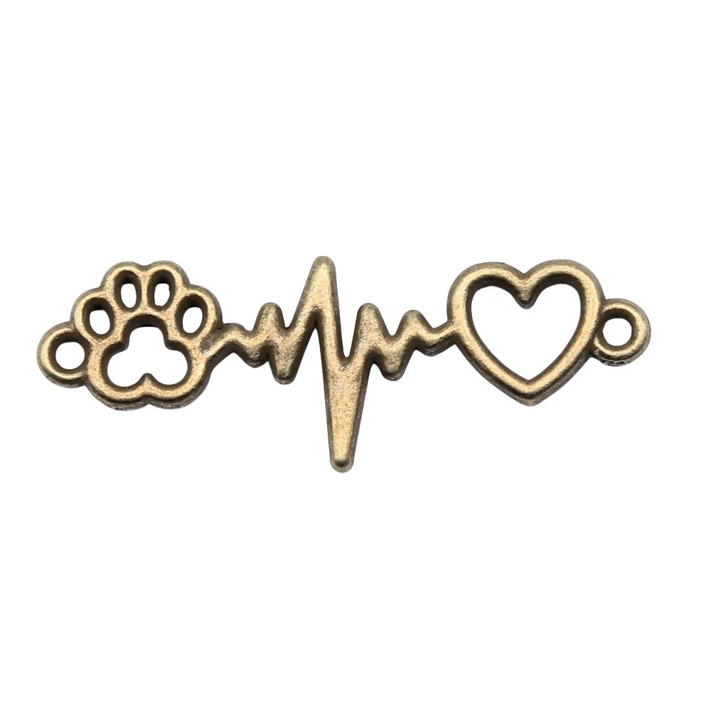 AA016086 12x34mm Zinc Alloy Antique Silver Bronze Color ECG Heartbeat Connector Heart Dog Claw Link Charms Unisex Pendant