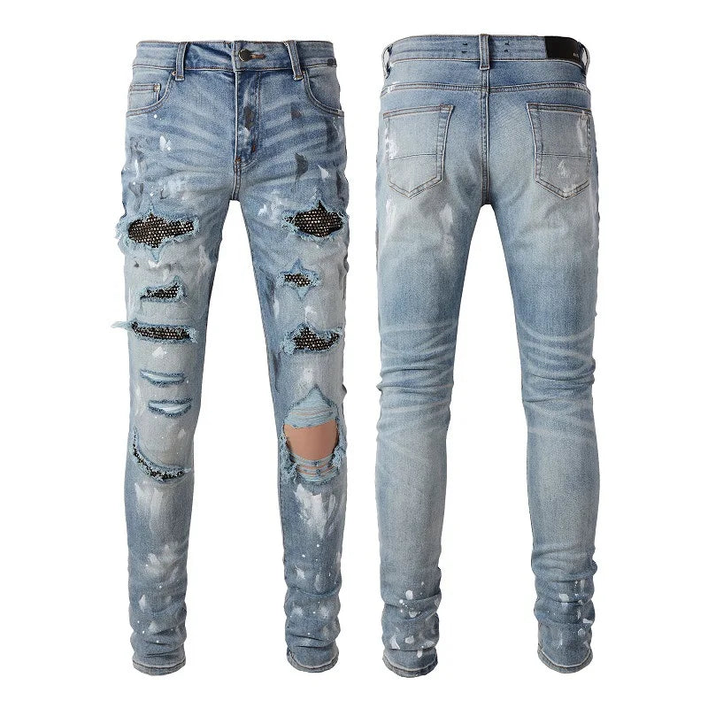 Blue Hole Pasted Cloth High Quality Men's High Street Skinny Jeans Breathable Eco-Friendly 100% Cotton