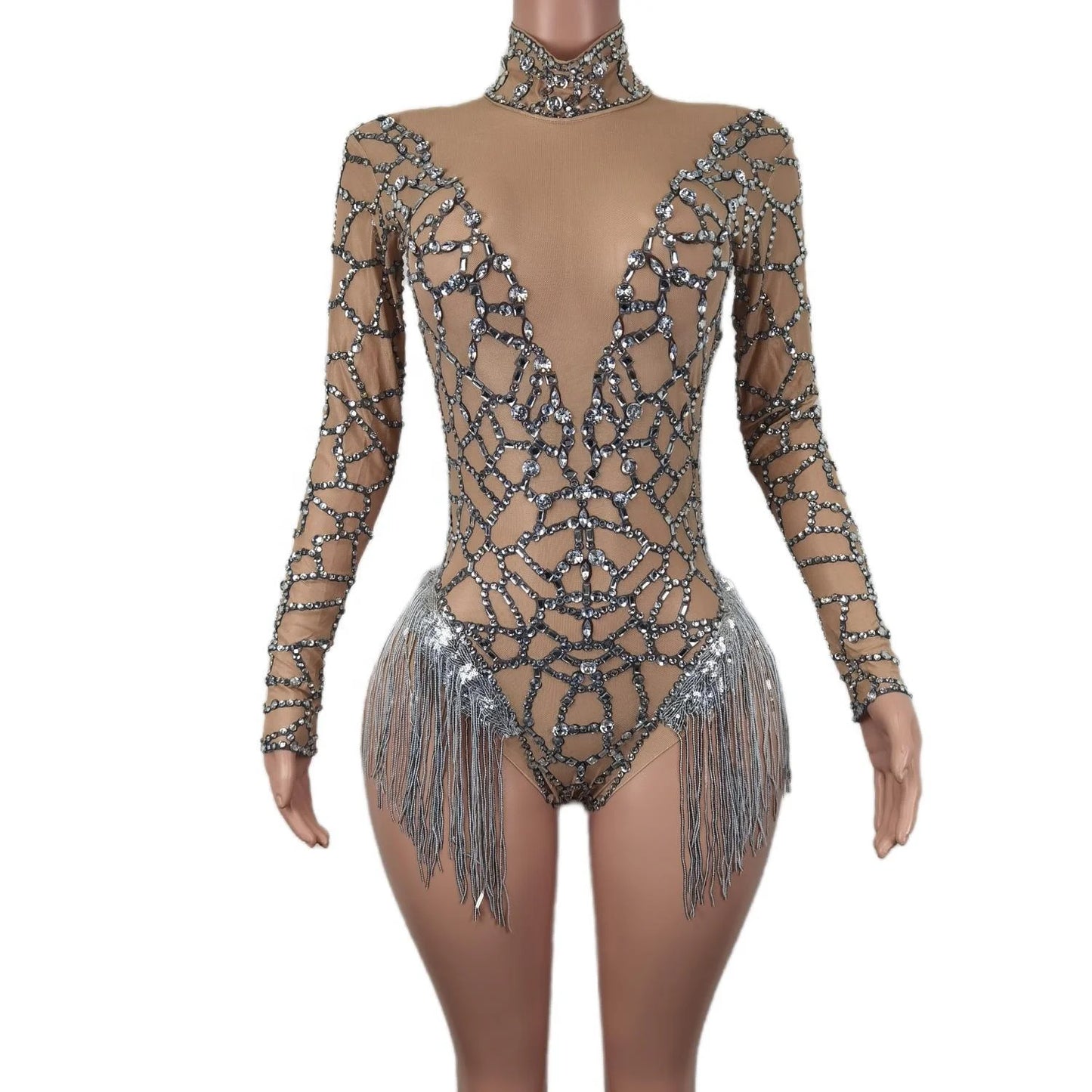 Sexy Diamonds Sequin Tassel Exotic Dancewear Stripper Outfit Pole Dance Leotard Women Club Party Bodysuits One Piece Jumpsuit