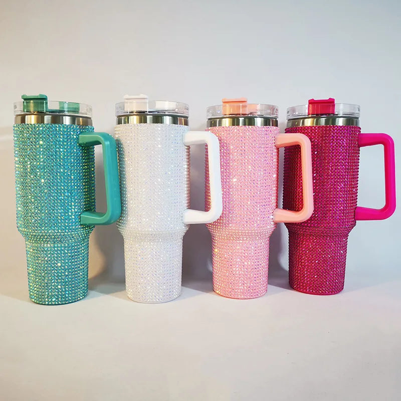Stick the Rhinestone 40OZ Tumbler Metal Stainless Steel Vacuum Handle Coffee Cup Ice Metal  Rhinestone Tumbler